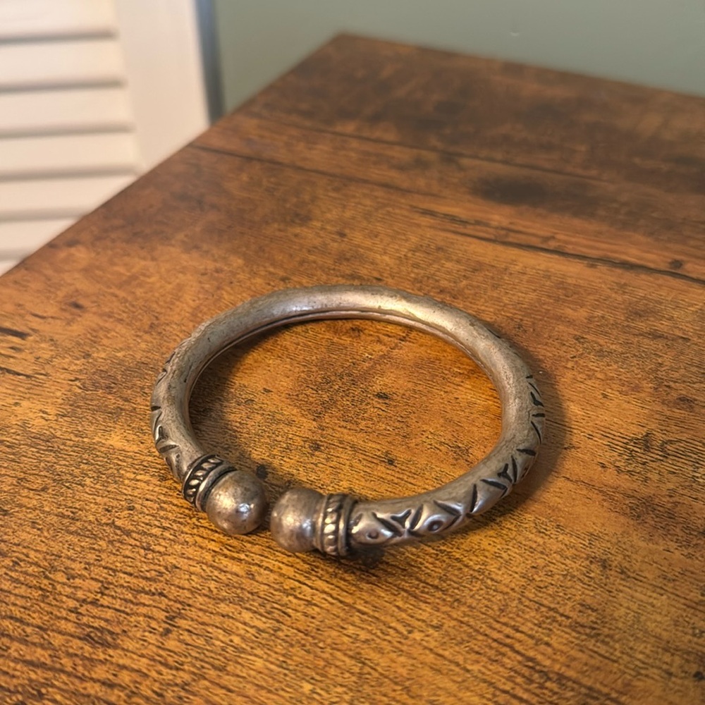 Vintage Silver Metal Bangle Bracelet, Carved, Retro, Boho